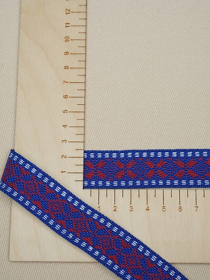 Жак.лента 24мм Орнамент-красная звезда на синем