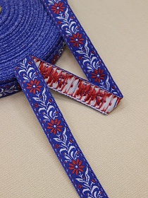 Жак.лента 18мм Красные цветы на васильковом, рис.8763/5