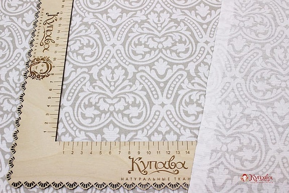 Полулен "Белый орнамент на серо-бежевом", ш.1.5 м, лен-30%, хл-70%, 140гр/м.кв