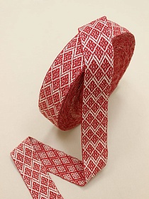 Лента тканая для поясов, 50мм Суровый орнамент на красном, рис.9541