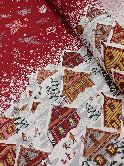Рогожка "Новогодняя пора" цв.красный, ш.1.5м, хлопок-100%, 165гр/м.кв