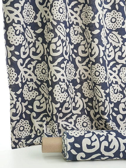 Полулен "Лунный цветок" цв.синий (на суровом), ш.1.5м, лен-30%, хлопок-70%, 147гр/м.кв