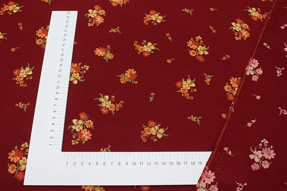 Штапель Премиум "Цветочные букетики" цв.т.бордово-красный, ш.1.45м, вискоза-100%, 120гр/м.кв