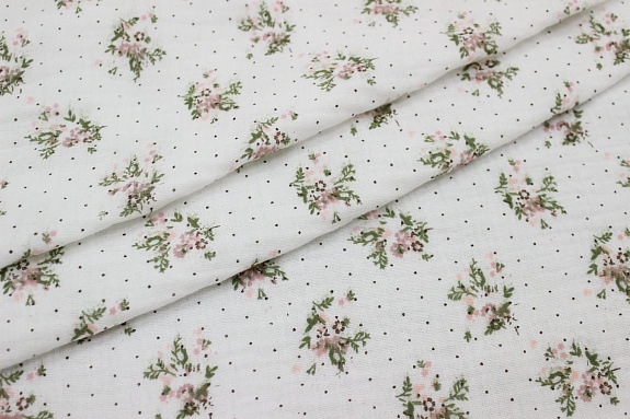 Муслин двухслойный с эф.жатости "Ароматные букетики с горошком" цв.белый, СОРТ2, ш.1.4м, хлопок-100%