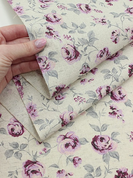 Полулен "Миленькие розово-сиреневые розочки" (на суровом), ш.2.2м, лен-30%, хлопок-70%