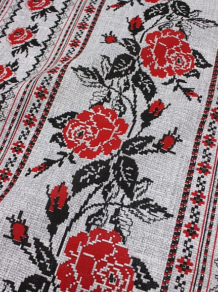 Рогожка "Красные розы - вышивка по кайме", ш.1.5м, хлопок-100%, 165гр/м.кв