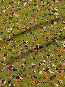 Штапель Премиум "Виринея (оранжевые цветы) на темно-оливковом", ш.1.45м, вискоза-100%, 120гр/м.кв