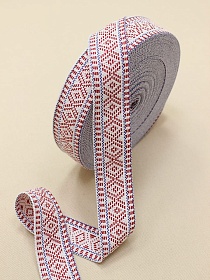 Лента тканая для поясов, 38мм Красный орнамент на белом