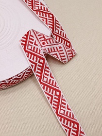 Жак.лента 22мм Красный орнамент-оберег на белом, рис.9467/9
