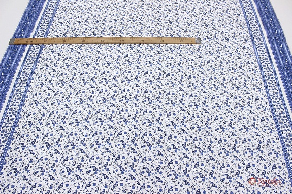 Штапель Премиум "Мелкие огурчики с каймой" цв.синий, ВИД2, ш.1.45м, вискоза-100%, 115гр/м.кв