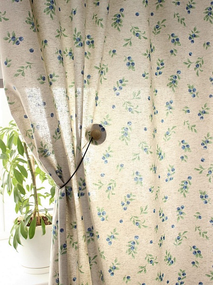 Мерный лоскут - Полулен "Черника - веточки" (на суровом), ш.1.5м, лен-30%, хлопок-70%, 147гр/м.кв