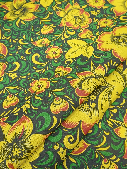 Бязь "Черно-желтая хохлома с зеленым", СОРТ2, ш.1.5м, хлопок-100%, 120гр/м.кв
