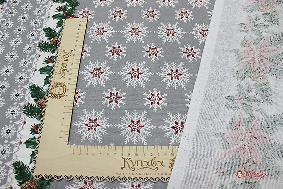 Рогожка "Снеговики со снежинками" цв.стальной серый, ш.1.5м, хлопок-100%, 160гр/м.кв