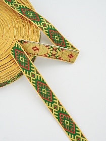 Жак.лента 17мм Славянский красный/лесной зеленый рисунок на лимонно-желтом