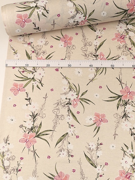 Мерный лоскут Полулен "Орхидеи - розовые цветы" (на суровом), ш.1.5м, лен-30%, хлопок-70%, 140гр/м.кв