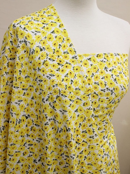 Штапель Премиум "Веселина (желтые цветы на молочном)", ш.1.43м, вискоза-100%, 120гр/м.кв