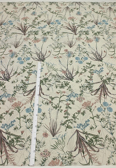 Полулен "Летнее раздолье-голубые цветы" (на суровом), ш.2.2м, лен-30%, хлопок-70%, 150гр/м.кв