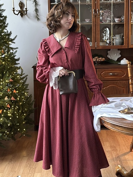 Платье из  Пестряди "Средняя клетка на бордовом"