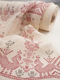 Льняная сетка "Лошадки под набойку" цв.кремовый/бордовый, ш.1.15м, лен-100%, 100гр/м.кв