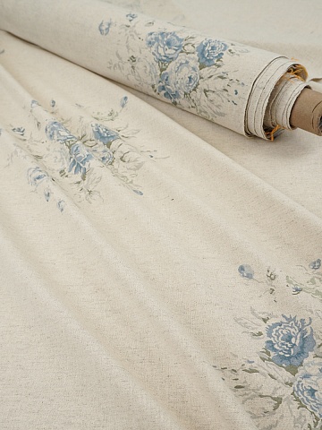 Полулен "Поллианна (голубые цветы)" (на суровом), СОРТ2, ш.1.5м, лен-30%, хлопок-70%, 147гр/м.кв