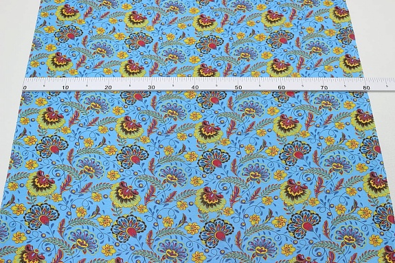 Ситец "Павлиний цвет на бирюзово-голубом", ш.0.8м, хлопок-100%, 86гр/м.кв