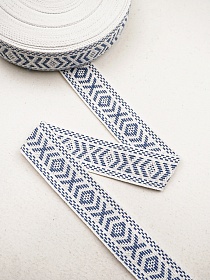 Лента тканая для поясов, 35мм Ромб-Крест, цв.белый/джинсовый, рис.9873