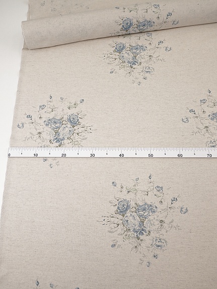 Полулен "Поллианна (голубые цветы)" (на суровом), СОРТ2, ш.1.5м, лен-30%, хлопок-70%, 147гр/м.кв