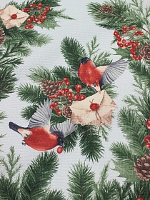 Вафельное полотно (холст) "Снегири с конвертом", ш.0.5м, хлопок-100%, 165гр/м.кв, раппорт 63см