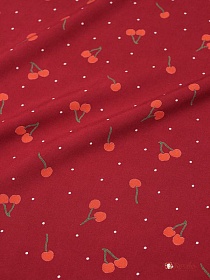 Штапель Премиум "Маленькие вишенки с точками на малиновом", ш.1.43м, вискоза-100%, 120гр/м.кв