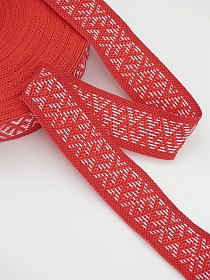 Жак.лента 30мм Белый славянский орнамент на красном, рис.9862/1