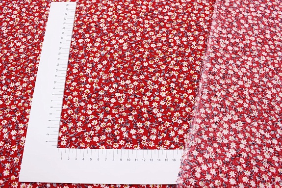 Штапель "Россыпь ромашек" цв.красный, ш.1.45м, вискоза-100%, 90гр/м.кв