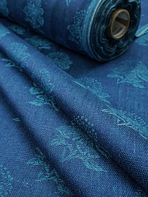 Льняной жаккард "Гибискус" цв.тиффани, ш.1.5м, лен-100%, 190гр/м.кв