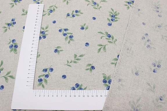 Мерный лоскут - Полулен "Черника - веточки" (на суровом), ш.1.5м, лен-30%, хлопок-70%, 147гр/м.кв
