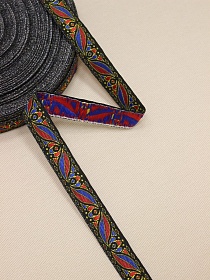 Жак.лента 17мм Красно-васильковые листики на черном