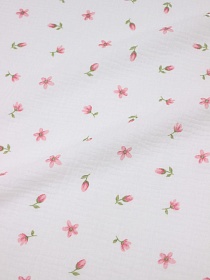 Муслин двухслойный с эф.жатости "Бутончики - цветочки" цв.розовый, ш.1.4м, хлопок-100%, 120гр/м.кв