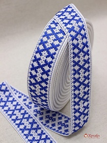 Лента тканая для поясов, 40мм Васильковый орнамент на белом, рис.9532