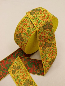 Жак.лента 67мм Красная рябина/зеленые листочки на желтом