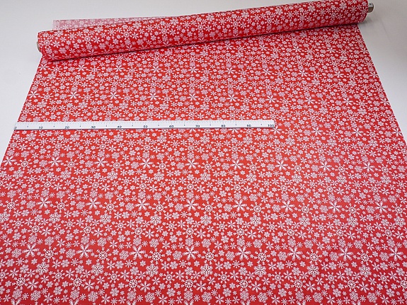 Бязь "Белые снежинки на красном", ш.1.5м, хлопок-100%, 120гр/м.кв