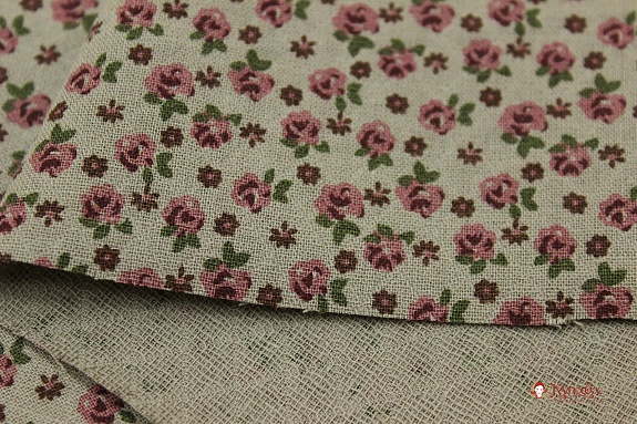 Муслин двухслойный с эф.фактурной стежки "Винтажные розочки на серо-оливковом", ш.1.43м, хл-100%