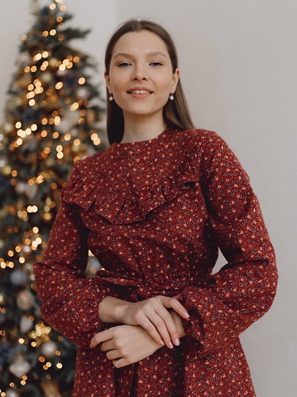 Платье из Теплого хлопка "Веточки-цветочки на бордово-красном"