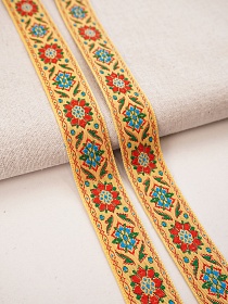 Жак.лента 24мм Красный/лазурный цветочный орнамент на желтом, рис.8752/3