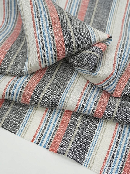 Лен сорочечный пестротканый с умягчением "Полоски" цв.черный/красный/синий, ш.1.5м, лен-100%