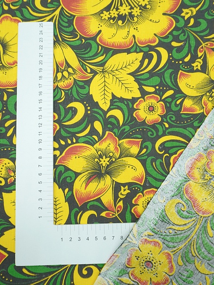 Бязь "Черно-желтая хохлома с зеленым", СОРТ2, ш.1.5м, хлопок-100%, 120гр/м.кв
