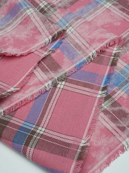 Фуле с вареным эффектом "Клетка" цв.темная роза/голубой, ш.1.4м, хлопок-100%, 160гр/м.кв