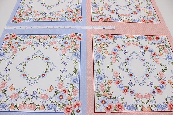 Бязь "Нюра" (Гол.платок 0.80м*0.75м) цв.голубой/коралловый, ш.1.5м,хл-100%, 120гр/м.кв, раппорт 80см