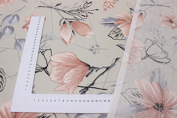 Полулен "Веточки магнолии" цв.св.телесно-серый, ш.2.2м, лен-30%, хлопок-70%, 140гр/м.кв