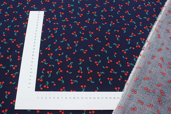 Штапель "Маленькие вишенки на чернильном", ш.1.45м, вискоза-100%, 110гр/м.кв