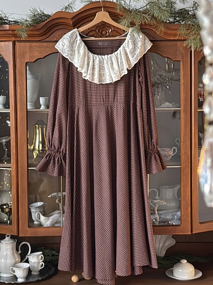 Платье из  Пестряди "Средняя клетка на коричнево-бордовом"