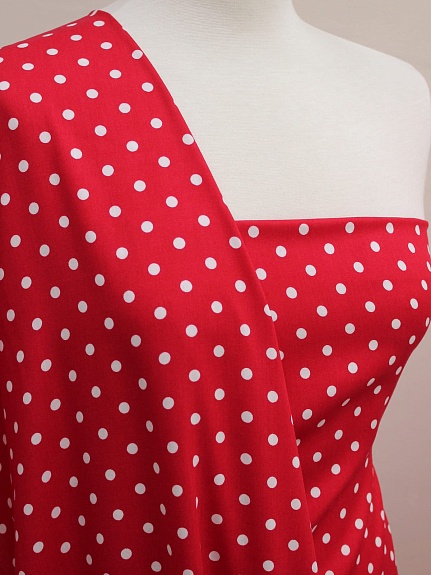 Штапель "Белый горох (7мм)" цв.красно-малиновый, ш.1.44м, вискоза-100%, 90гр/м.кв