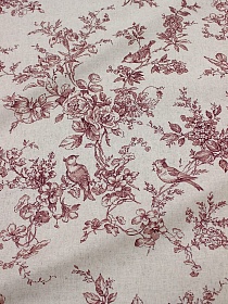 Полулен "Райские птицы" цв.вишневый (на суровом), ш.2.2м, лен-30%, хлопок-70%, 150гр/м.кв
